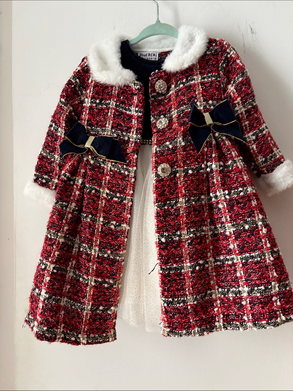 Blueberi Boulevard Red Plaid Tweed Coat with White Faux Fur Collar and Navy Bows - Picture 5 of 6